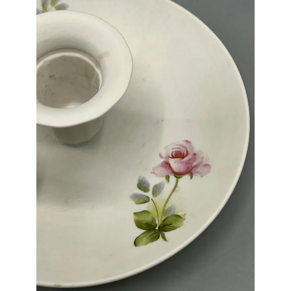 Vtg Hand-Painted Floral Porcelain Chamberstick Candle Holder Cottage Shabby Chic